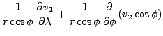 $\displaystyle \frac{1}{r \cos \phi} \DP{v_1}{\lambda}
+ \frac{1}{r \cos \phi} \DP{}{\phi} (v_2 \cos \phi)$